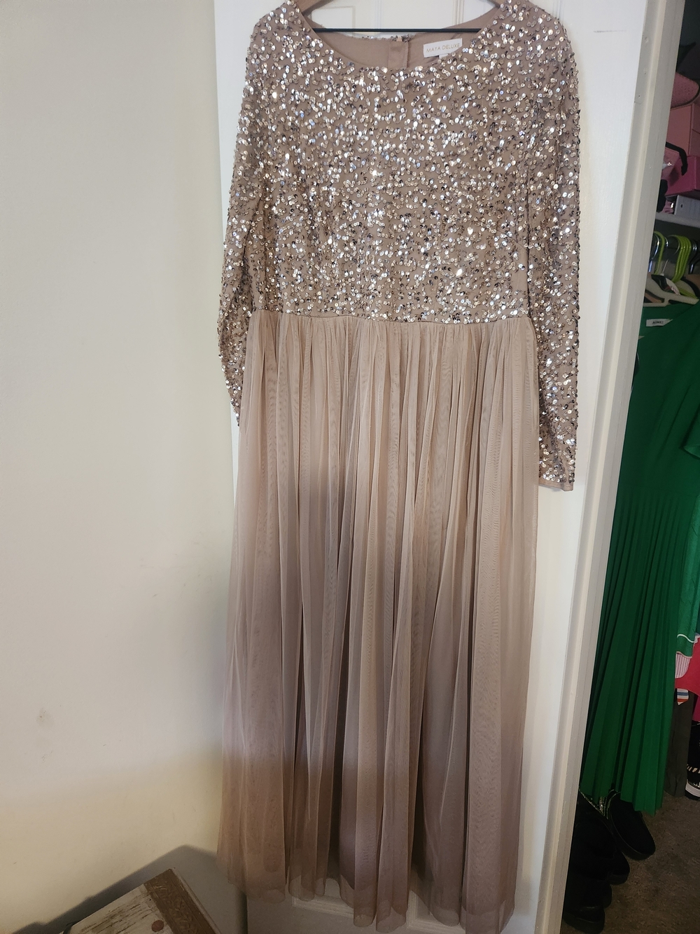 Sequin Bodice Long Sleeve Maxi Dress in Champagne